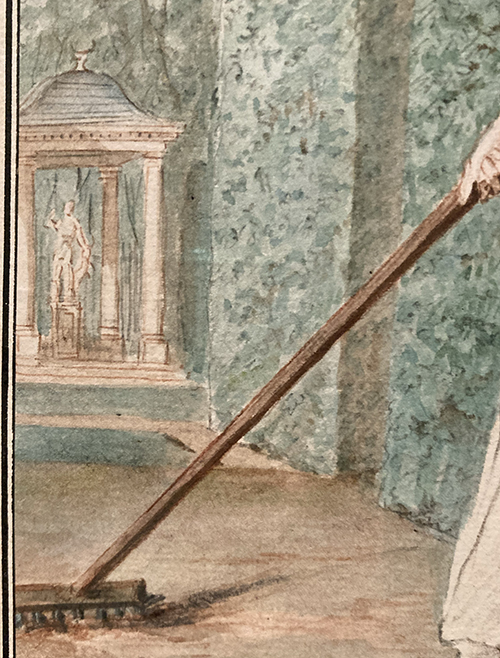 A detail from a watercolor painting showing a person sweeping a path with a broom, next to a classical garden structure with a statue.