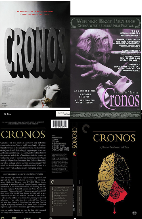a montage of DVD covers and poster advertisements for Del Toro's Cronos (1992).