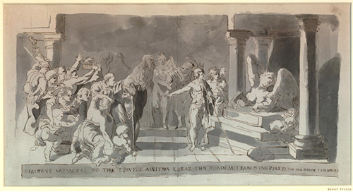 A drawing of a man communicating with a disappointed sphinx points to a baby, a standing man, and an old man leaning on a crutuch, while bystanders look on in astonishment.
