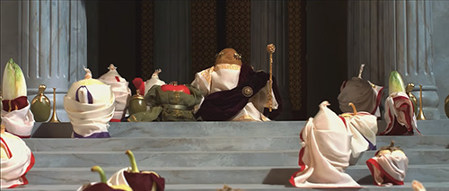 An array of vegetables dressed in classical Greek attire represent the potato Oedipus and the ripe tomato Jocasta at the height of his kingly power.